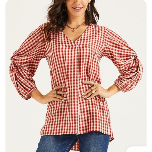 Suzanne Betro Gingham boho women's top Blue & white Twist sleeve size 2X Blouse - Picture 10 of 10